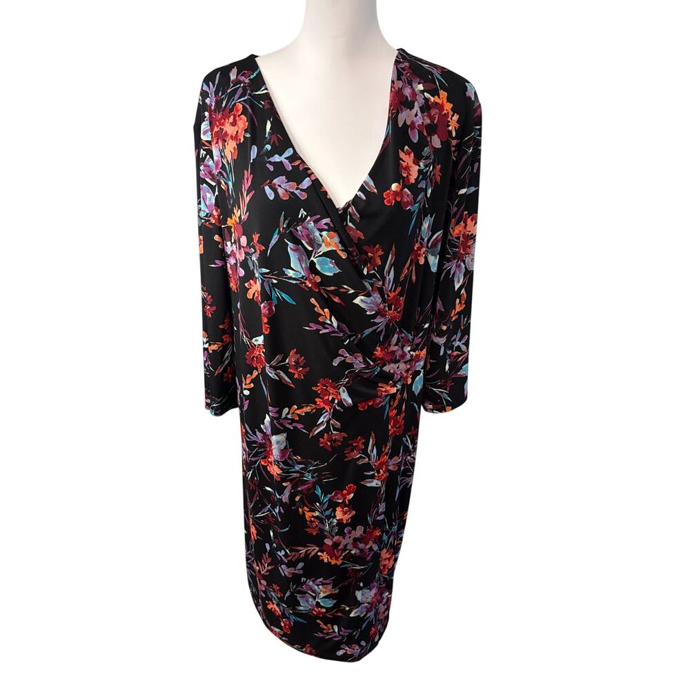 Chico’s NWT Floral Faux Wrap Dress Sz 4 (20-22) Black Multicolor 3/4 Sleeve